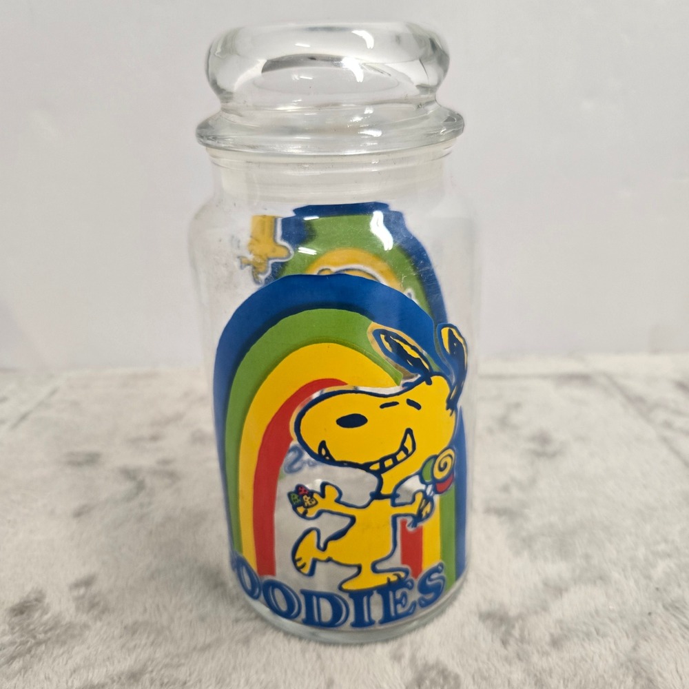 Vintage 1965 Peanuts Snoopy Woodstock Goodies Rainbow Glass Jar with Lid